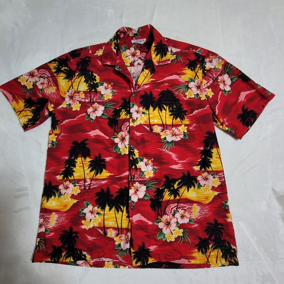 Pacific Legends Mens L Hawaiian Shirt Red PalmTrees Tropical Short Sleeve Beach - Picture 1 of 5